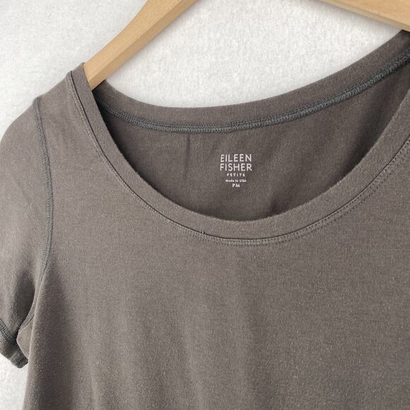 EILEEN FISHER Top PM Petite Stretch Cotton Jersey Short Sleeve Taupe Gray USA - Picture 4 of 11